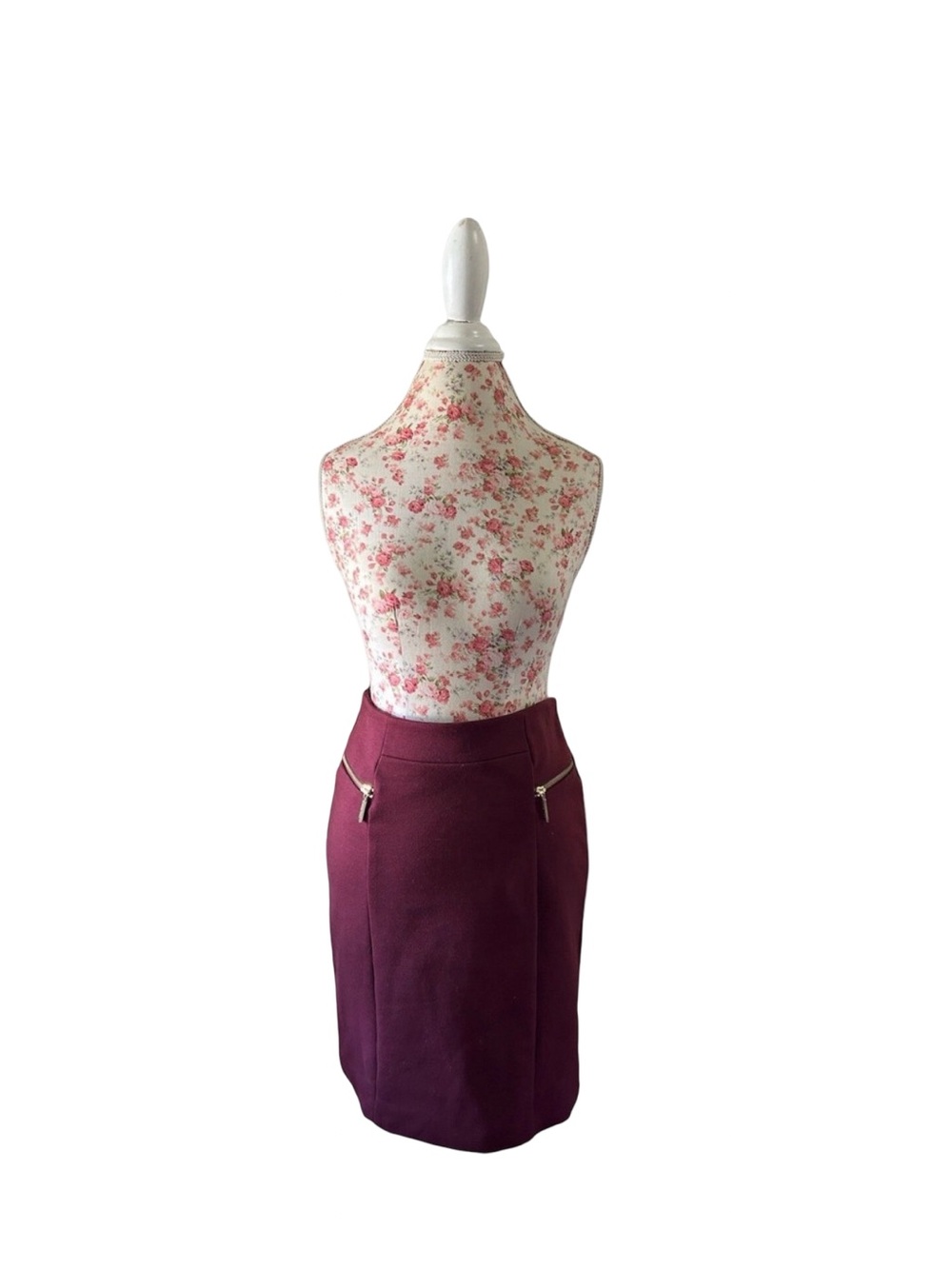 Michael Kors Wine Burgundy Knit Pencil Skirt 6 Career Stretchy Gold Zipper Logos